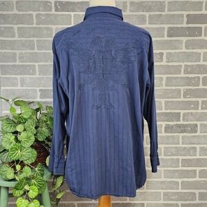 Ecko Unltd Men's 3XB Navy Button Down Shirt Embroidered Eagle Back Streetwear‎